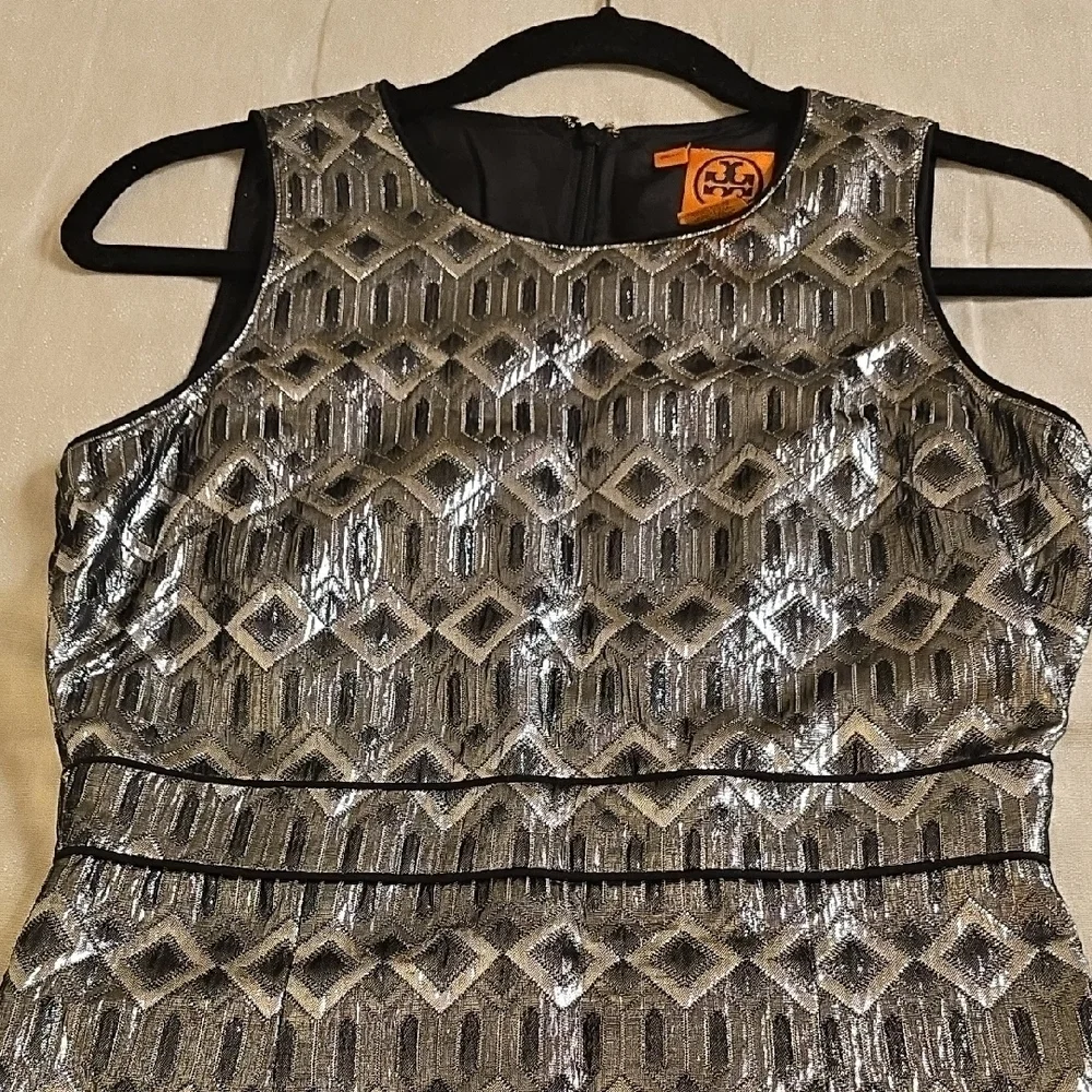 Tory Burch Metallic Silver and Black Mini Dress EUC